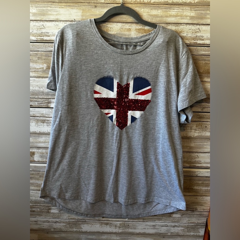 🇬🇧❤️ Peacocks Union Jack Heart Graphic Tee Gray UK 20 US 16 Sequin Flag